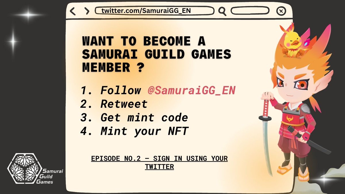 🥳 We've reached 18K followers 🥳

To celebrate, we're gonna airdrop free mint NFTs for followers to become our official #SGG members  (exclusive NFTs/ Samurai WL spots)🔥

To enter: 
1⃣ Follow <a href="/SamuraiGG_EN/">Samurai Guild Games【Global】</a>
2⃣ Retweet 
3⃣ Get mint code by signing in here 
twitter-campaign.samuraiguild.io/award/63c4c955…