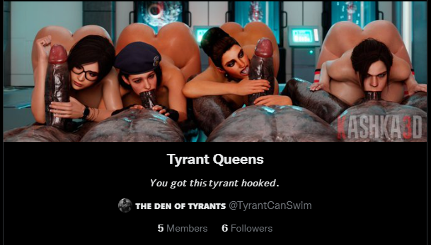 TyrantCanSwim's tweet photo. ☠️ Do you think you're worthy to earn the title?

Being a Tyrant Queen comes with a lot of benefits. The largest being an archive of RE lewds organized and updated by yours truly. https://t.co/1goasxyXVP