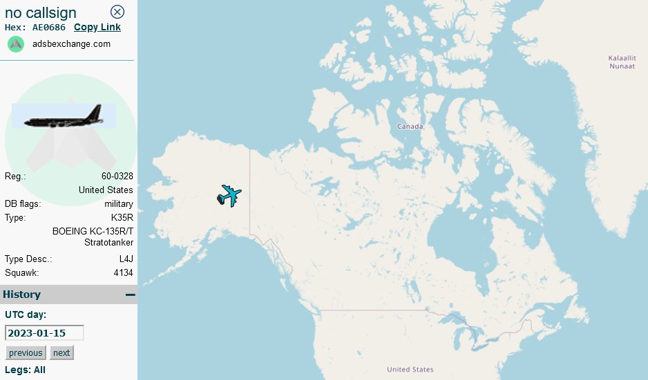 SirListenalot's tweet photo. Jan15 ~1700z #KC135 #AE0686 as #BOBBY61 left Eielson for Thule, Greenland dragging some fighters (#F35?) as #CUBE11. On the 13th KC135s #AE07A8 and #AE0162 as #RCH543 and #ZAGS82 departed Fairchild for Thule. Some arctic exercise, I guess... https://t.co/PKKunvlek8