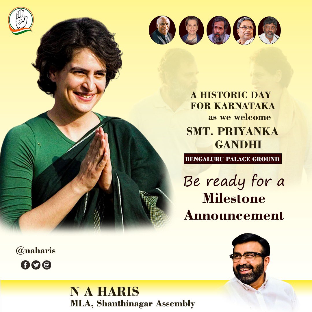 mlanaharis's tweet photo. A Historic Day
For  Karnataka.
as we welcomeSMT. PRIYANKA GANDHI.
Be ready for a
Milestone
Announcement.

#PriyankaGandhi #kpcc https://t.co/cKZYcmRxox
