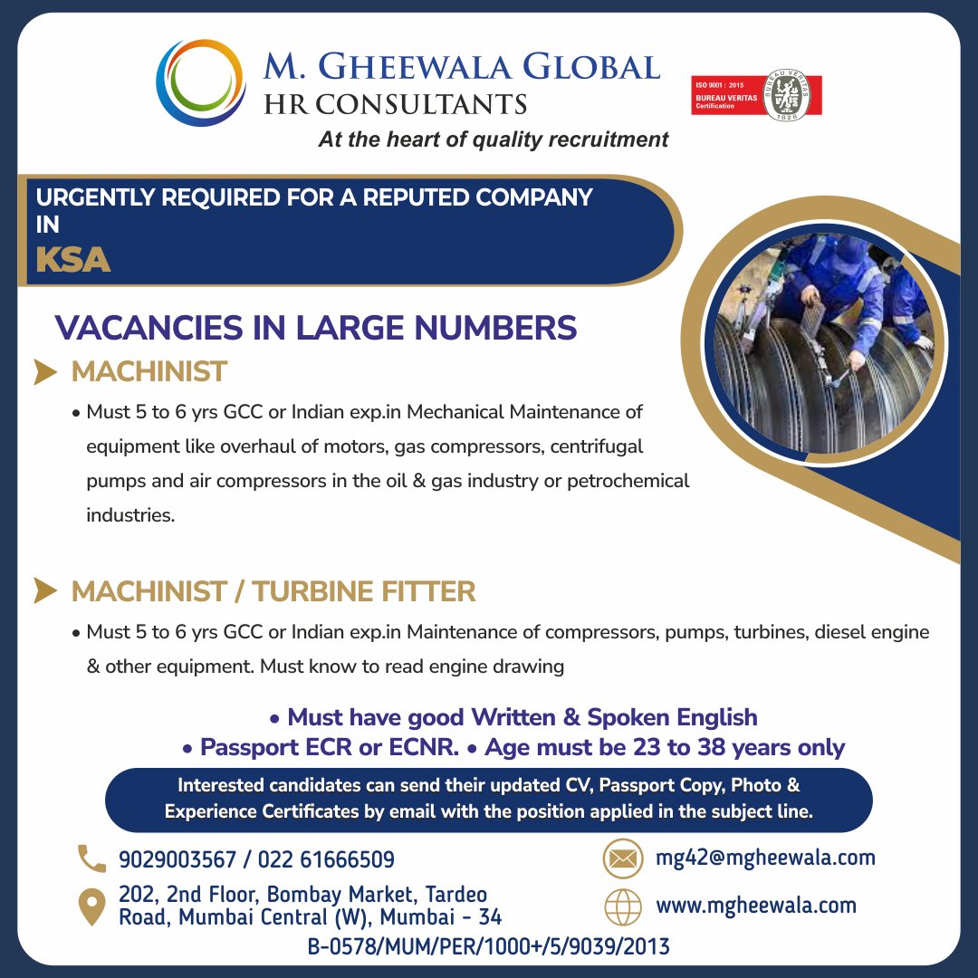 mgheewala_hrc's tweet photo. Job Vacancies for #Saudiarabia
Interested Candidates can send the updated resume to mg42@mgheewala.com
Learn More https://t.co/Ps4bxv2mB1
#jobsinsaudi #machinist #turbinefitter #gccexperience #indianexperience #maintenance #gascompressor #oilandgas #petrochemical #turbine https://t.co/CUU9RkHIYF