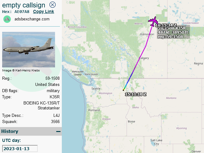 SirListenalot's tweet photo. Jan15 ~1700z #KC135 #AE0686 as #BOBBY61 left Eielson for Thule, Greenland dragging some fighters (#F35?) as #CUBE11. On the 13th KC135s #AE07A8 and #AE0162 as #RCH543 and #ZAGS82 departed Fairchild for Thule. Some arctic exercise, I guess... https://t.co/PKKunvlek8