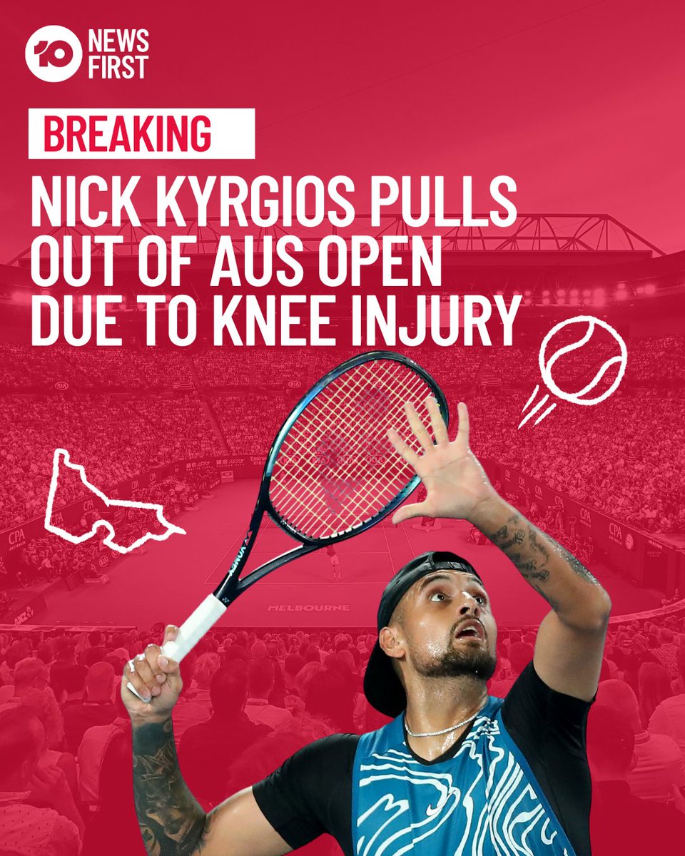 10NewsMelb's tweet photo. #Breaking: @NickKyrgios has pulled out of the @AustralianOpen. The Australian star has reportedly torn his meniscus. #AusOpen https://t.co/zwWab08Tu5