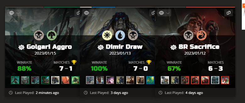 3 Últimos Drafts de Brother's War
20-4
O preto sempre presente, mantendo o deck agressivo e com muitas remoções eficazes. 

#mtga #magicarena #magicthegathering #mtgbro #mtg