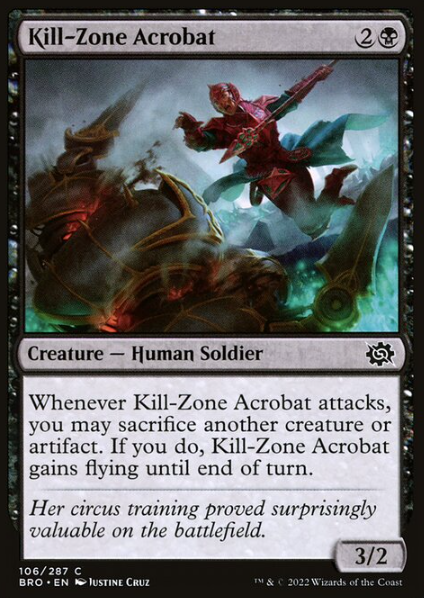 Se me perguntarem o meu card favorito no Limitado de Brother`s War...
Kill-Zone Acrobat, um card subestimado por muitos...
Mas que tenho tido ótimos resultados com ele, desde sempre...
#mtg #mtga #magicarena #magicthegathering #mtgbro