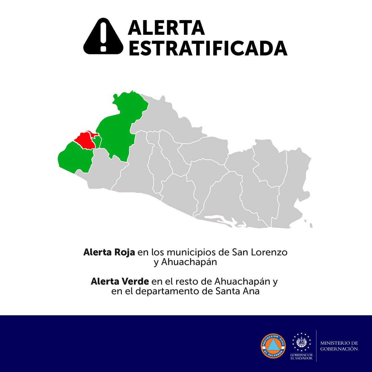 JC_Bidegain's tweet photo. ⚠️#ATENCIÓN⚠️Debido a la actividad sísmica registrada desde esta tarde, emitimos:

🔴#AlertaRoja para los municipios de Ahuachapán y San Lorenzo.

🟢 #AlertaVerde para el resto de municipios del departamento de Ahuachapán y Santa Ana. https://t.co/kYH1JcPIIz