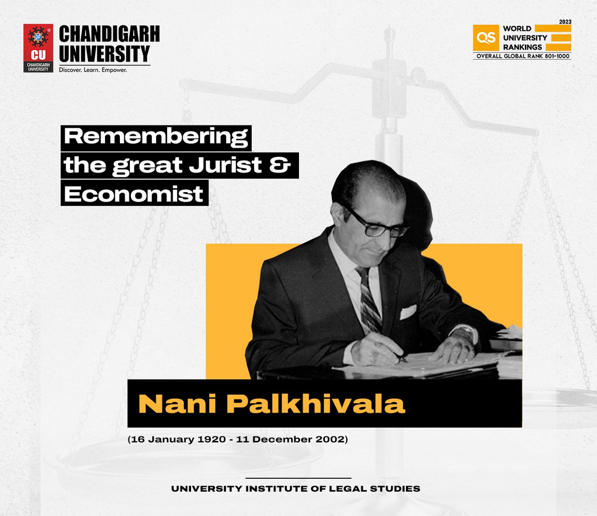 Chandigarh_uni's tweet photo. To Observe the #BirthAnniversary of Legendary #Lawyer &amp; #Economist Mr. Nani Palkhivala, CU's University Institute of Legal Studies has organized a Guest Lecture to remember the great jurist and his valuable contributions. Join us! https://t.co/1LO6XYN99q