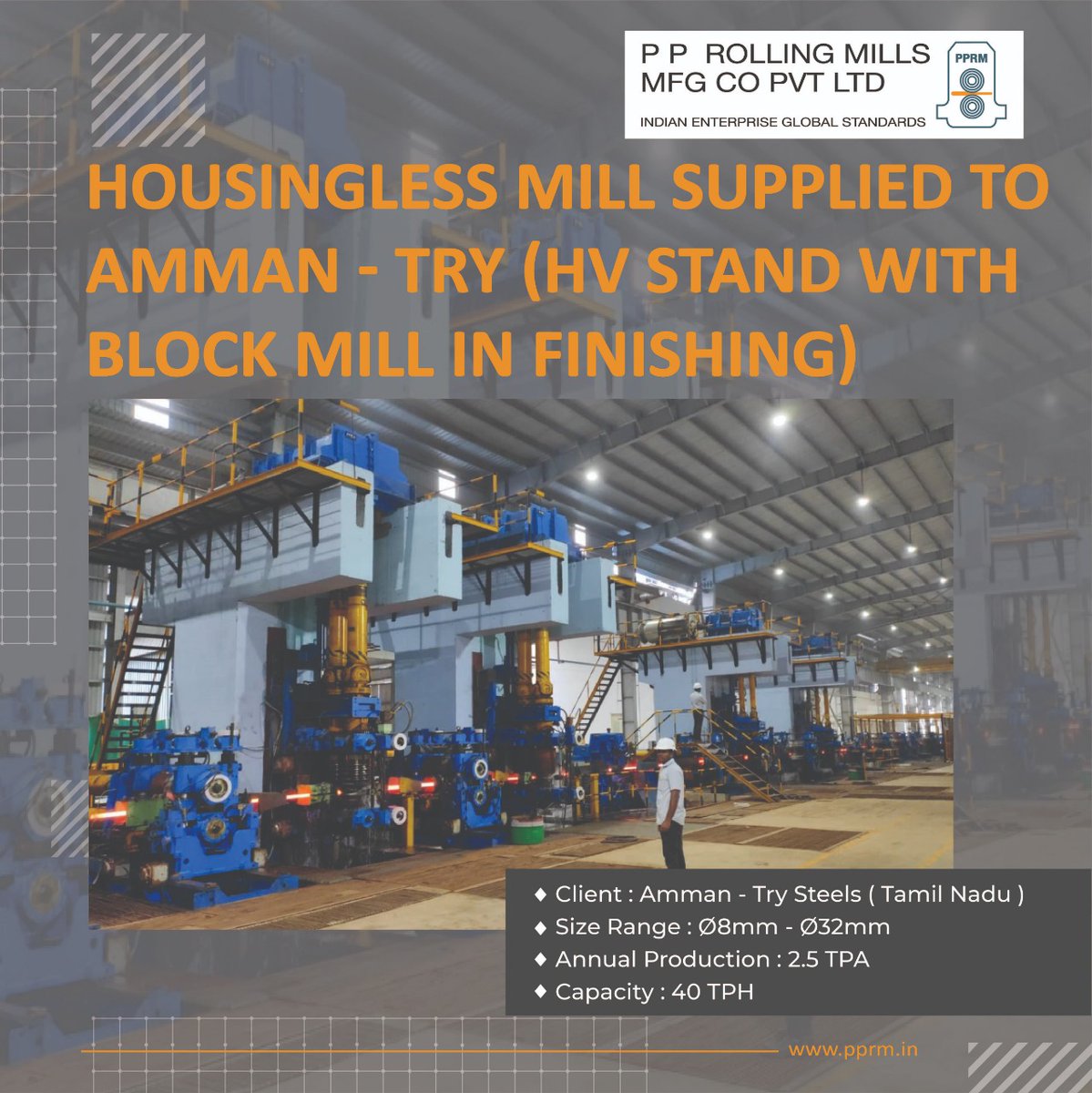 pp_mills's tweet photo. With an annual production capacity of 2,50,000 TPA, the #rollingmill plant at Amman Try Steels in Tamil Nadu has been successfully commissioned by #PPRM. We provided a full mill that includes #housinglessstands and #blockmill in finishing. https://t.co/UoSiukMNcq