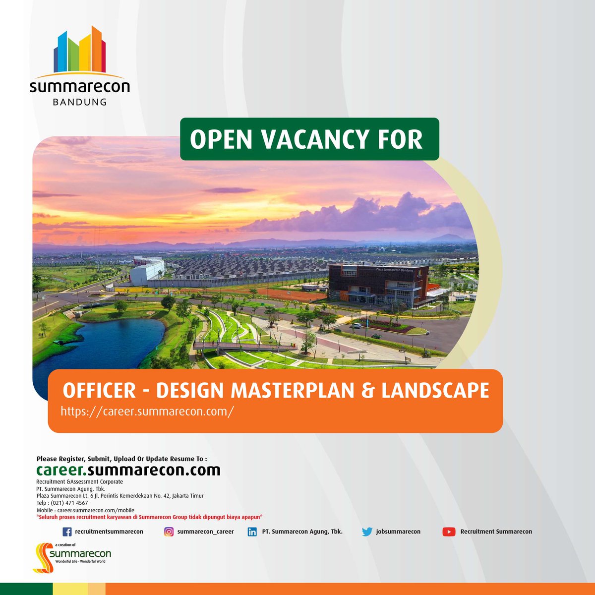summareconkarir's tweet photo. OPEN RECRUITMENT
OFFICER - DESIGN MASTERPLAN & LANDSCAPE
For more information, please click the link here: https://t.co/ORGsHShBCW
#summareconagung #summarecon #summareconcareer #webcareer #career #loker #infoloker #loker2023 #infoloker2023 #lowongankerja #lokerbandung https://t.co/bgDMkFPNjR