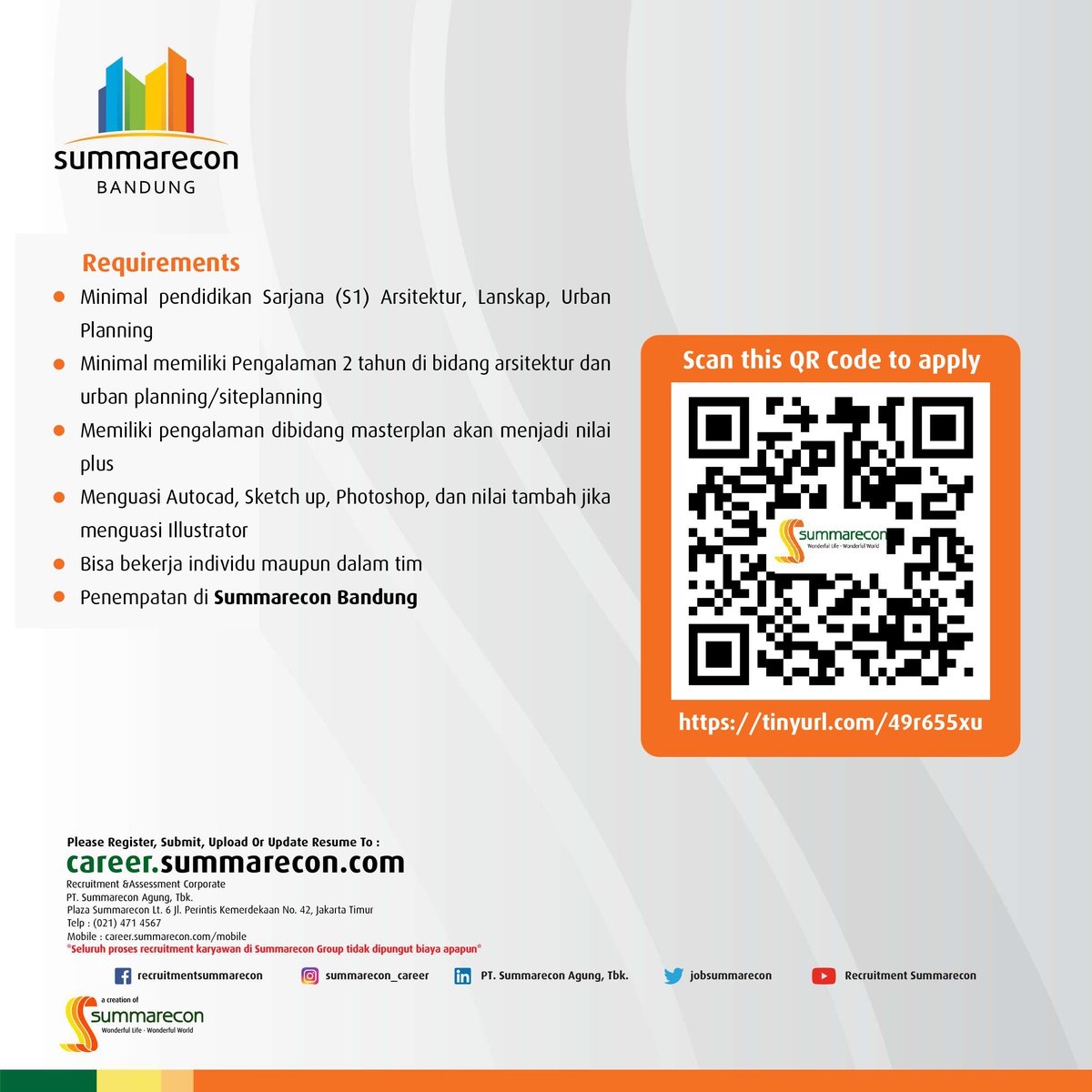 summareconkarir's tweet photo. OPEN RECRUITMENT
OFFICER - DESIGN MASTERPLAN & LANDSCAPE
For more information, please click the link here: https://t.co/ORGsHShBCW
#summareconagung #summarecon #summareconcareer #webcareer #career #loker #infoloker #loker2023 #infoloker2023 #lowongankerja #lokerbandung https://t.co/bgDMkFPNjR