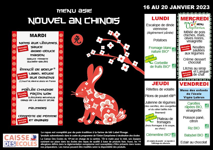 cde15_75015's tweet photo. Les menus du 16 au 20 janvier 2023 (les menus et les allergènes sont téléchargeables sur https://t.co/oPDZxtzSOi). #cde15 #Paris15 #nouvelanchinois #restaurationscolaire #cantine https://t.co/YgJNVUsKAW