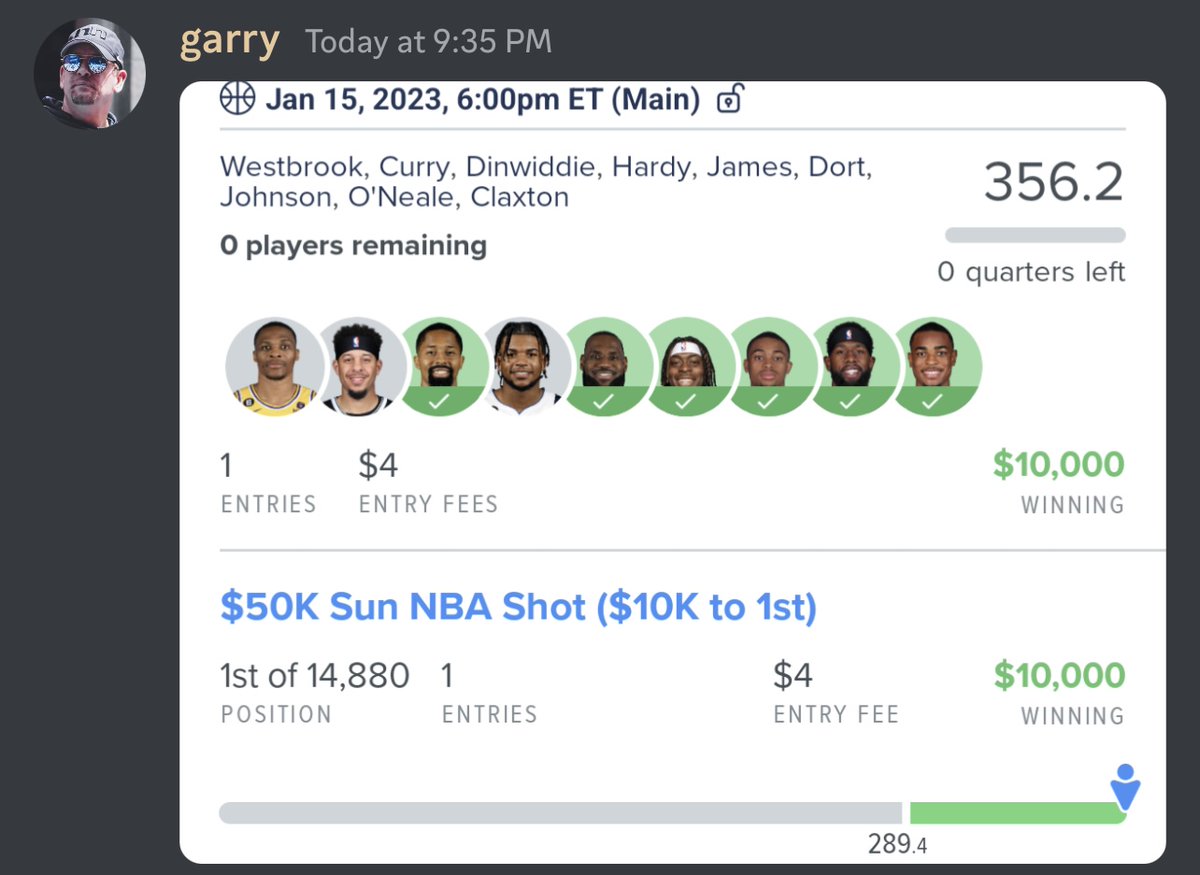 10k first place to @solecartier in NBA! 🥇

Join now if you want to win BIG.

#DFS #DailyFantasySports #NBA #Crunched
