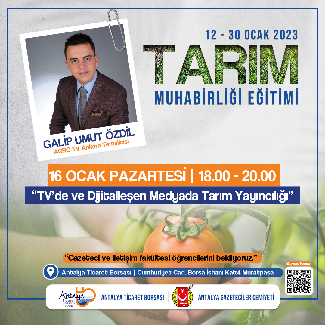 antalyaborsa's tweet photo. 📌Antalya Gazeteciler Cemiyeti ile birlikte düzenlediğimiz Tarım Muhabirliği Eğitiminin ikinci dersini Galip Umut Özdil verecek. TV’de ve dijitalleşen medyada tarım yayıncılığı dersine bekliyoruz. https://t.co/X9lk0HSDG6