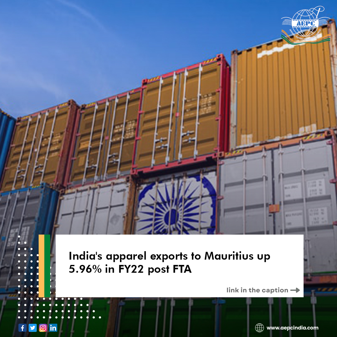 aepcindia's tweet photo. #India's apparel #exports to Mauritius up 5.96% in FY22 post FTA
Read full news: https://t.co/WIHjuLhN4f
#NITMA #Apparel #Trade https://t.co/1zsx7PgSkp
