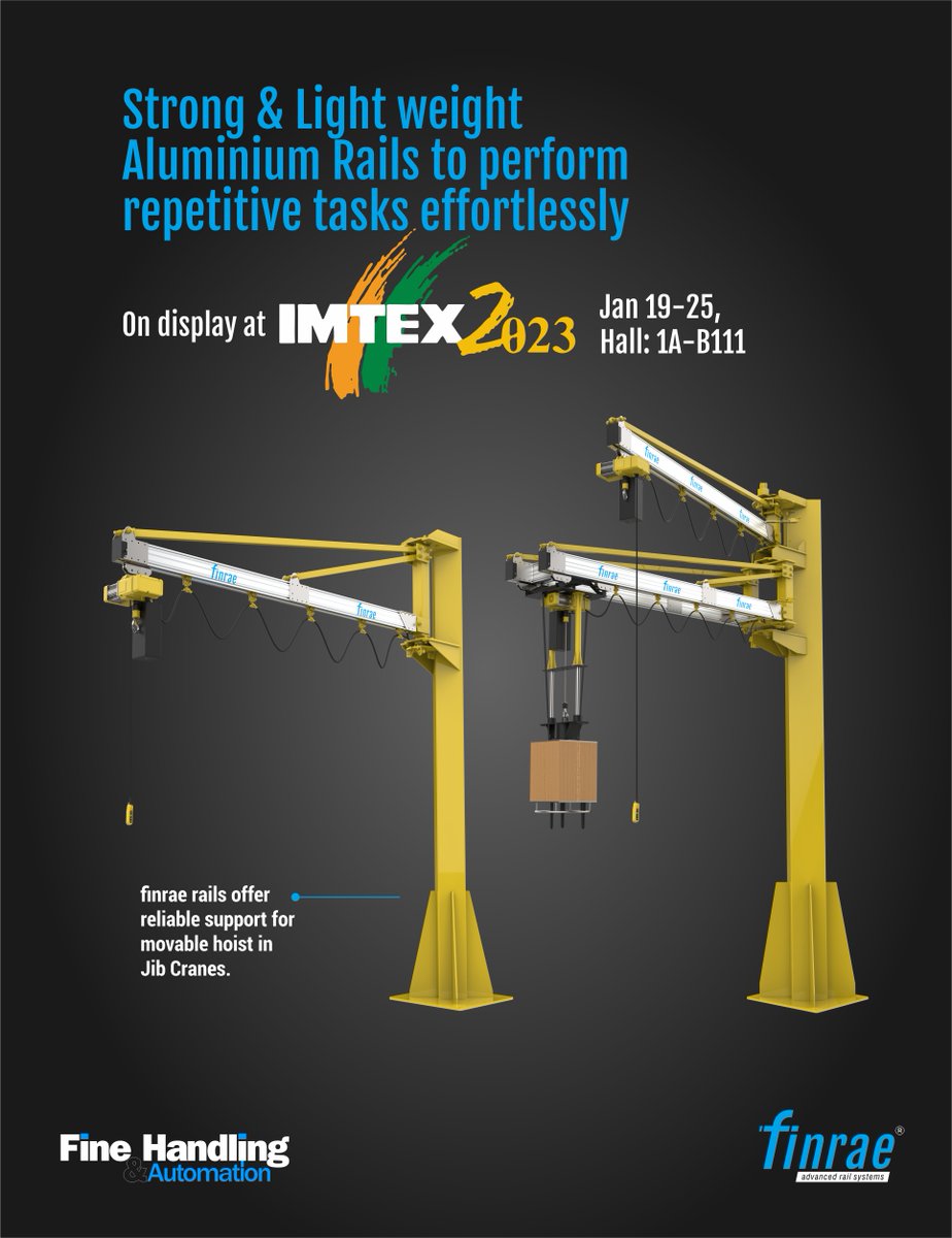 Still using traditional way to handle material? Well, It’s time to upgrade!
Meet us to explore a range of possibilities with the world-class finrae rails.
Visit our Booth at IMTEX 2023 to see live demo Hall 1A B111

#imtex2023 #materialhandlingsolutions #jibcrane