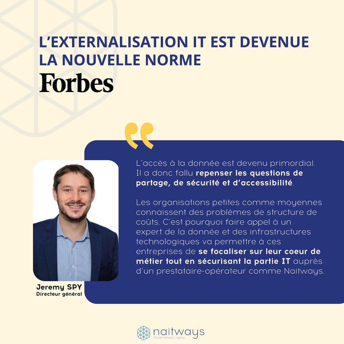 Vous recherchez un prestataire pour externaliser vos #données en toute sécurité ? 🔐 

👉🏻  Jeremy Spy, Directeur général chez Naitways vous en dit plus à travers son interview pour Forbes : youtube.com/watch?v=CUtWoG…