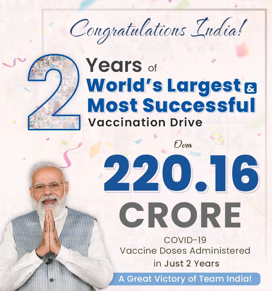 A proud moment for every Indian as overcoming all the challenges our COVID-19 vaccination drive completes two years today!

Gratitude to our doctors, healthcare & frontline workers, and all those who worked to achieve this grand feat. 

#2YearsofVaccineDrive #LargestVaccineDrive