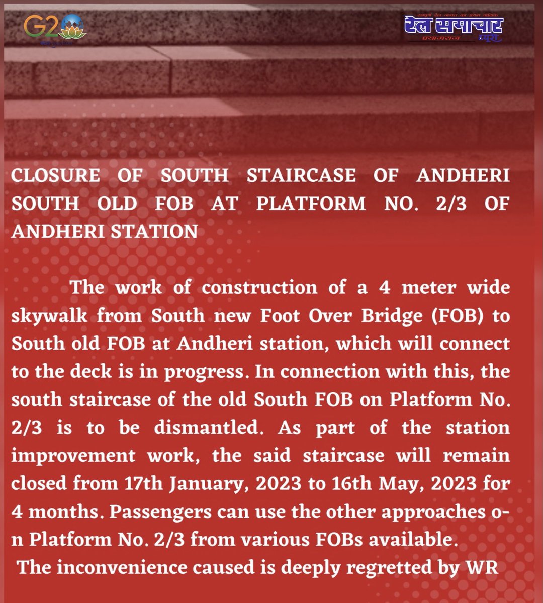 CLOSURE OF SOUTH STAIRCASE OF ANDHERI SOUTH OLD FOB AT PLATFORM NO. 2/3 OF ANDHERI STATION 
Stay informed with railsamacharbureauald.com
#IndianRailways #BREAKING 
#railwayupdates 

@WesternRly @RailMinIndia @RailwaySeva