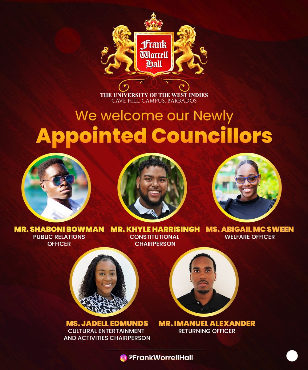 WORRELITES! It is with great pleasure that we present to you, the newly appointed members of our Frank Worrell Hall Executive Council 2022-2023! 

The new councillors are eager and ready to serve you this semester! 🤗

#WORRELLLLLLLL 🏰🦁

instagram.com/p/Cndij51NF7K/…