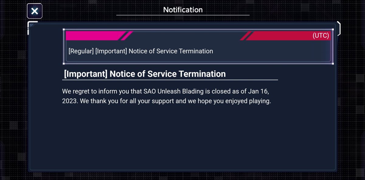 KazutoOnline's tweet photo. A little underwhelming but #SAOUB #SAORS has officially shutdown. https://t.co/X4kk3owboV