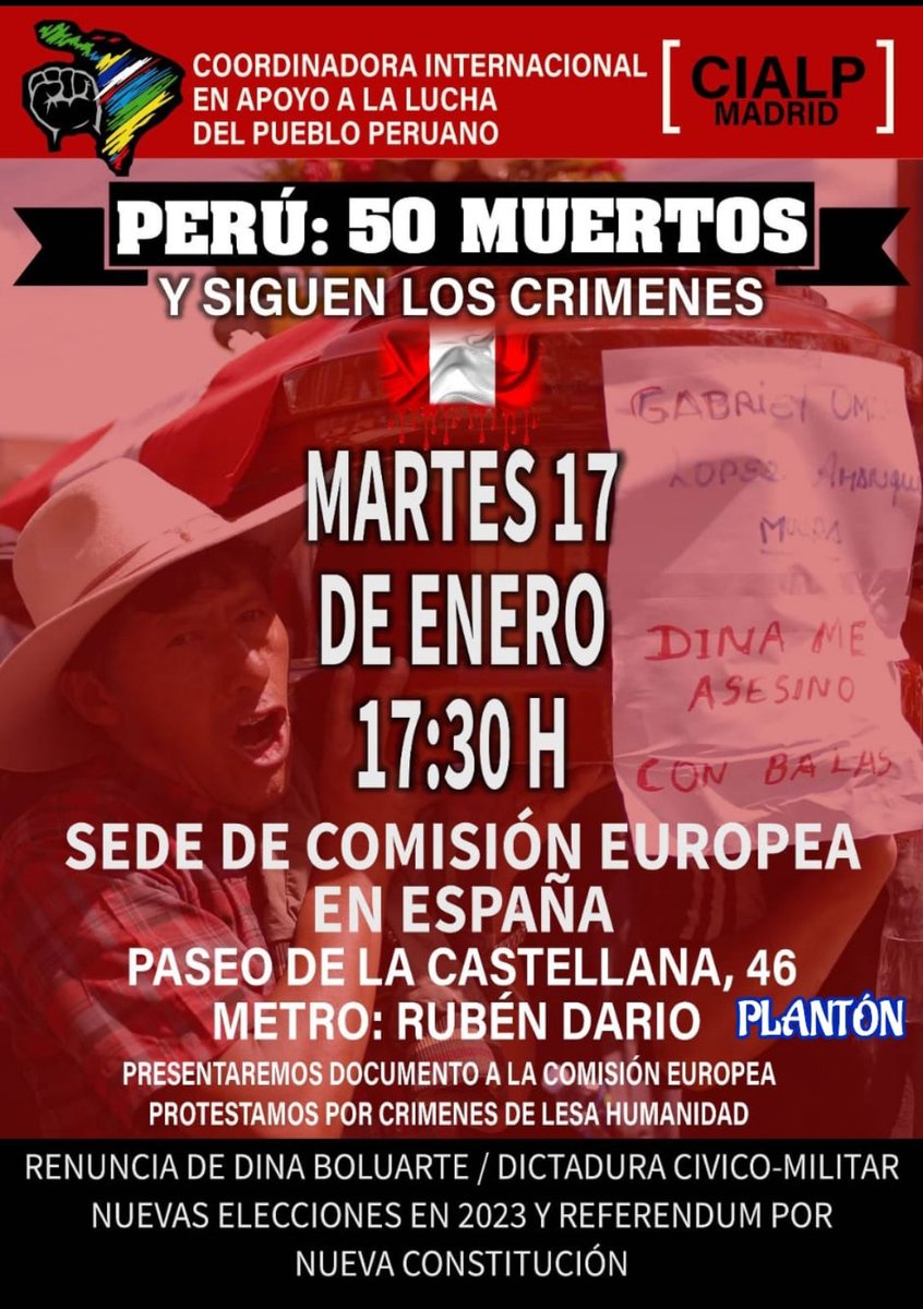miguelico17's tweet photo. Concentración #martes 17Enero 17:30h en #Madrid en oficina @UNIONEUROPEA
#peruanas #PeruEnPaz
#cialp #DinaBalearte #DinaAsesina #DinaRenunciaYa https://t.co/gA8cGZVnMx