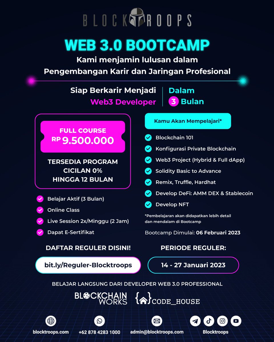 blocktroops's tweet photo. Untuk Kamu yang terlewat pendaftaran Beasiswa ataupun Early Bird kemarin, Kamu masih bisa mengikuti Bootcamp dengan mendaftar di Pendaftaran Reguler.
Periode Pendaftaran Reguler: 14 - 17 Januari 2023
Daftar Disini: https://t.co/AMNthcDhhN
#blocktroops #codehouse #blockchainworks https://t.co/XCE2YEnBcK