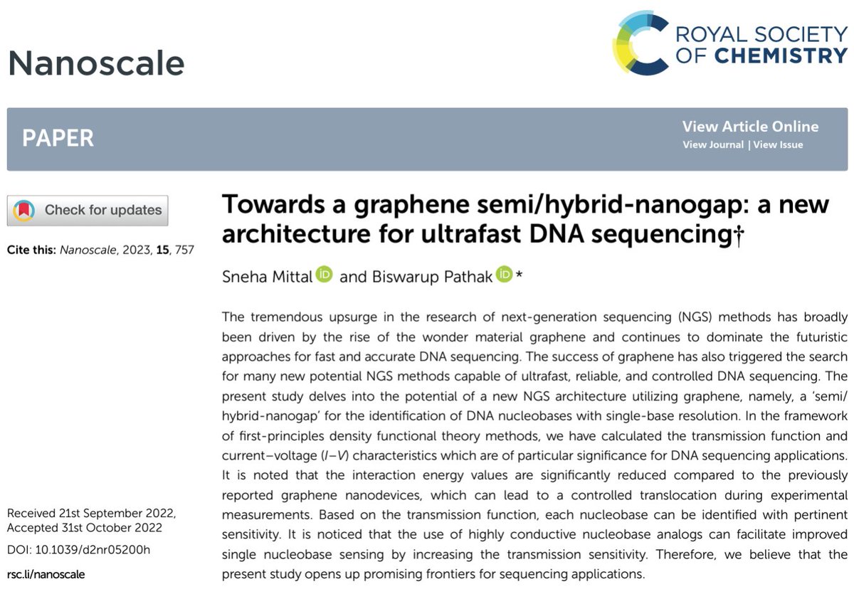 Check out our recent work on #DNAsequencing is now online. @nanoscale_rsc 
Here, we propose the concept of 'semi/hybrid-nanogap' for single nucleotide identification.

Congratulations to Sneha ! @IITIOfficial
