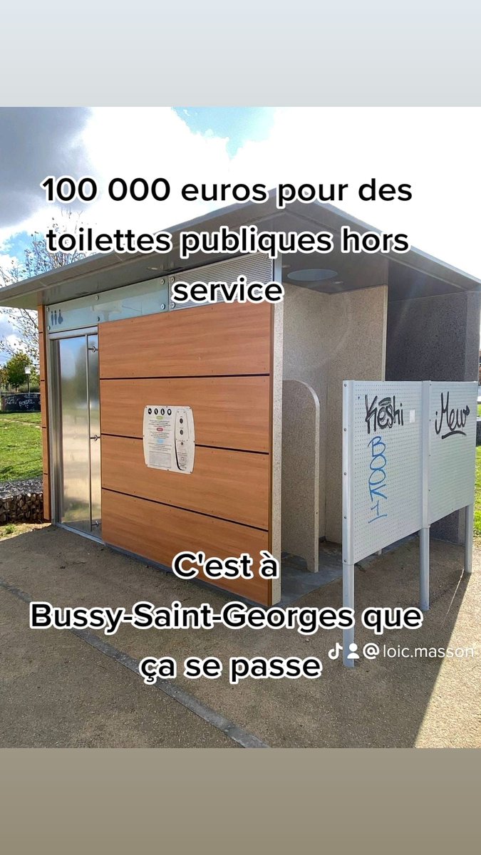 loicmasson2020's tweet photo. 100 000 EUROS POUR DES TOILETTES 🚻 
ℹ️ Voilà le coût des toilettes publiques situées près du skatepark !
👉 Une somme élevée pour des toilettes qui ont déménagé et qui ne fonctionnent pas !

#bussy #bussysaintgeorges #toilettes https://t.co/lFTvOTSytY