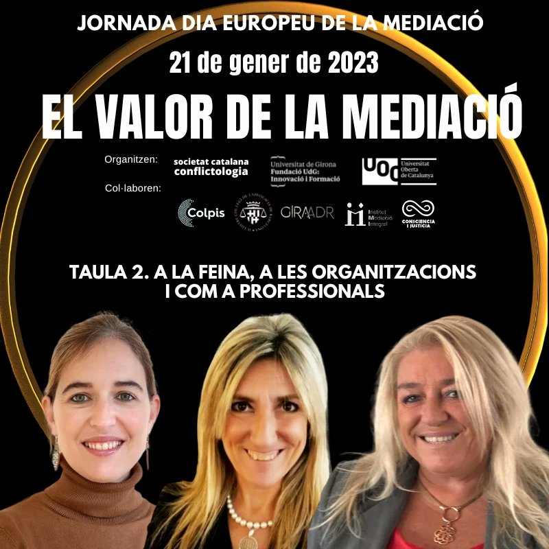Openup present a la Jornada "El valor de la mediació" ⬇️

🗓 Dissabte 21 de gener.

La nostra sòcia <a href="/carmengilcagil/">Carmen Gil</a> amb la <a href="/NAT_FP/">Natàlia Flores Pujol</a> de <a href="/GIRaADR/">GIRa ADR</a> i la Vanesa Saura de <a href="/PepsiCo/">PepsiCo</a> parlaràn de la cultura de la #mediació a la #feina i a les #organizacions.

#ElPoderDeLesBonesRelacions