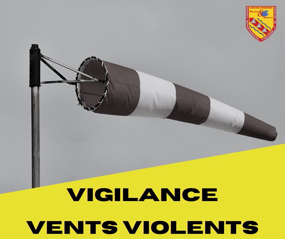 SDIS54's tweet photo. [#Vigilancejaune] 

Le @Departement54 est placé en #VigilanceJaune pour vents violents 💨. Des rafales de 80 à 90km/h sont possibles. 
Soyez prudents lors des déplacements à 🚶, en 🚴 ou en 🚙. 
En cas d’urgence ☎️ 18 ou 112 
#Meteo54 #Gerard https://t.co/hTEpOYRh2Z