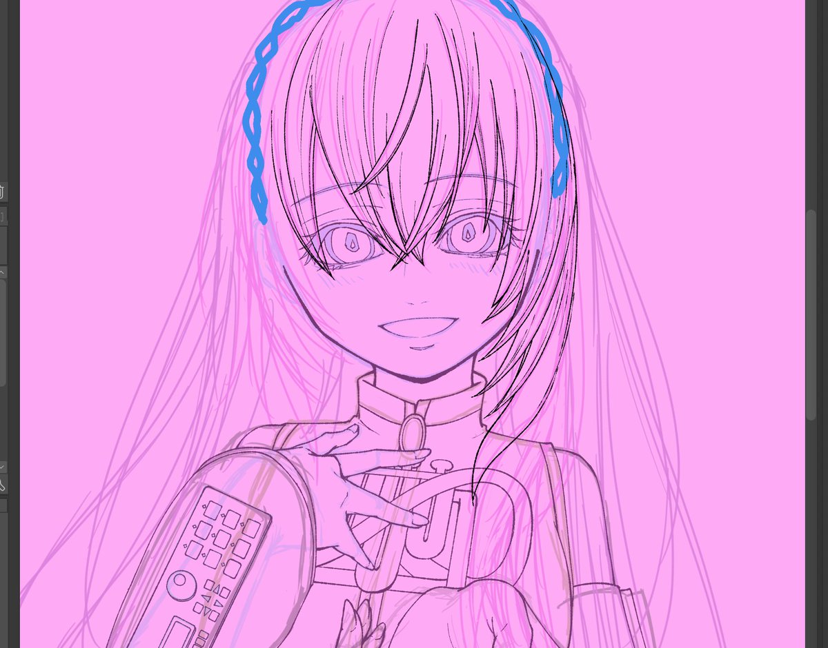 megurine luka 1girl solo long hair smile looking at viewer sketch pink background  illustration images