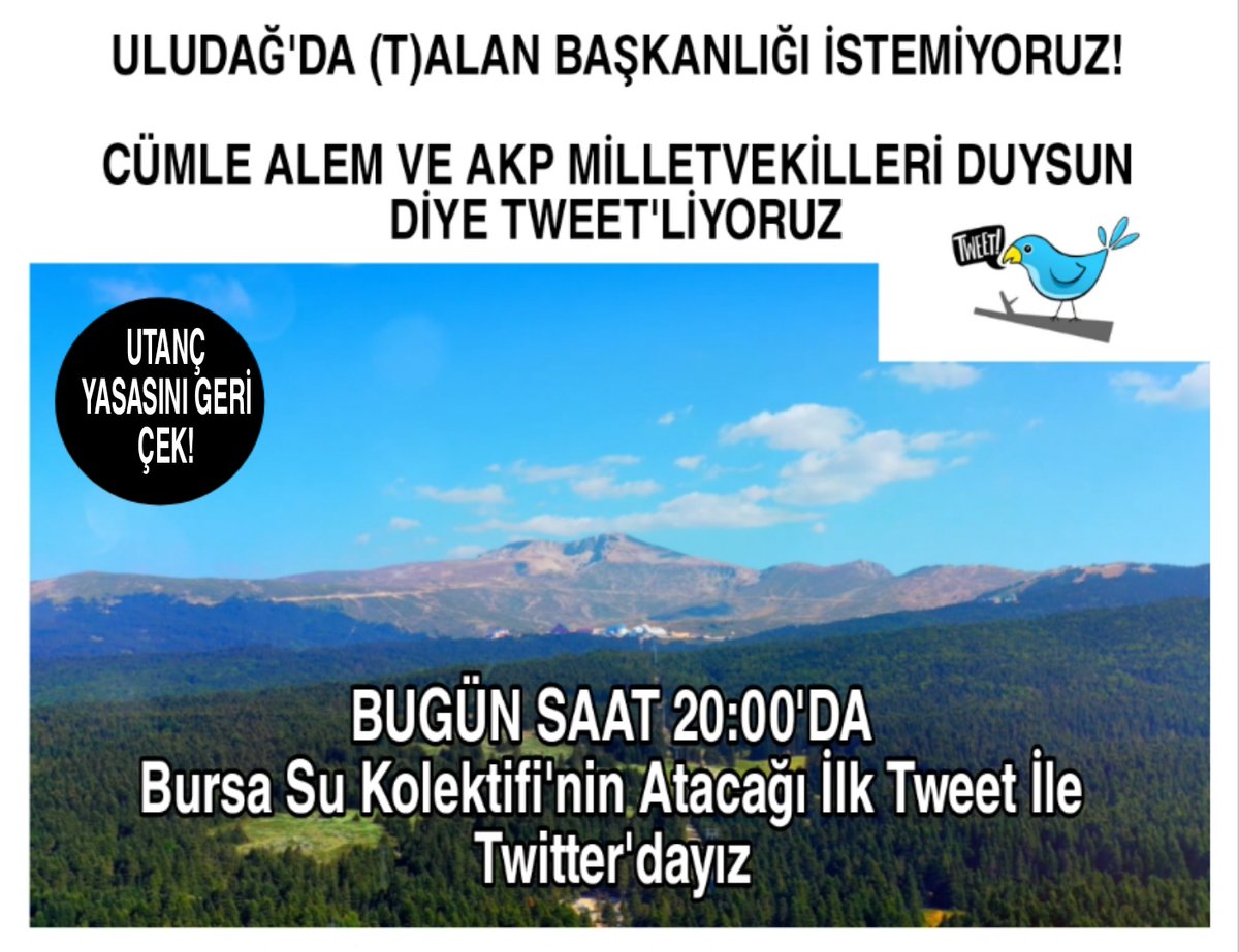 Uludağ Alanı hakkındaki kanun teklifi bu hafta genel kurula gelecek. 

"Milli Parkları Savunmaya Uludağ'dan Başlıyoruz" demiştik

Biliyoruz ki bu ucube yönetim şeklini her milli parka uygulamak istiyorlar.
Gelin bu akşam saat 20:00'da Twitter'dan sesimizi yükseltelim
Duysunlar!