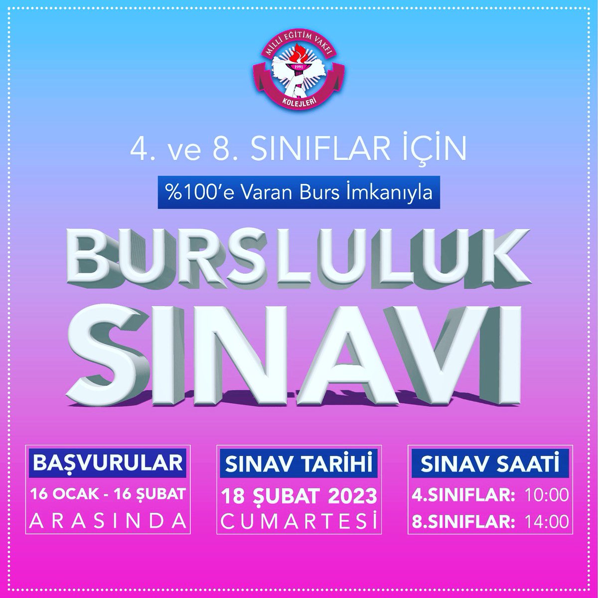 MEV Koleji Bursluluk Sınavı, 18 Şubat 2023 tarihinde gerçekleştirilecek. %100’e varan burs imkanı sunan sınavın başvuruları, 16 Ocak-16 Şubat tarihleri arasında, okullarımızın web sitelerinde ve sosyal medya hesaplarında bulunan başvuru linkleri üzerinden çevrimiçi yapılacak.