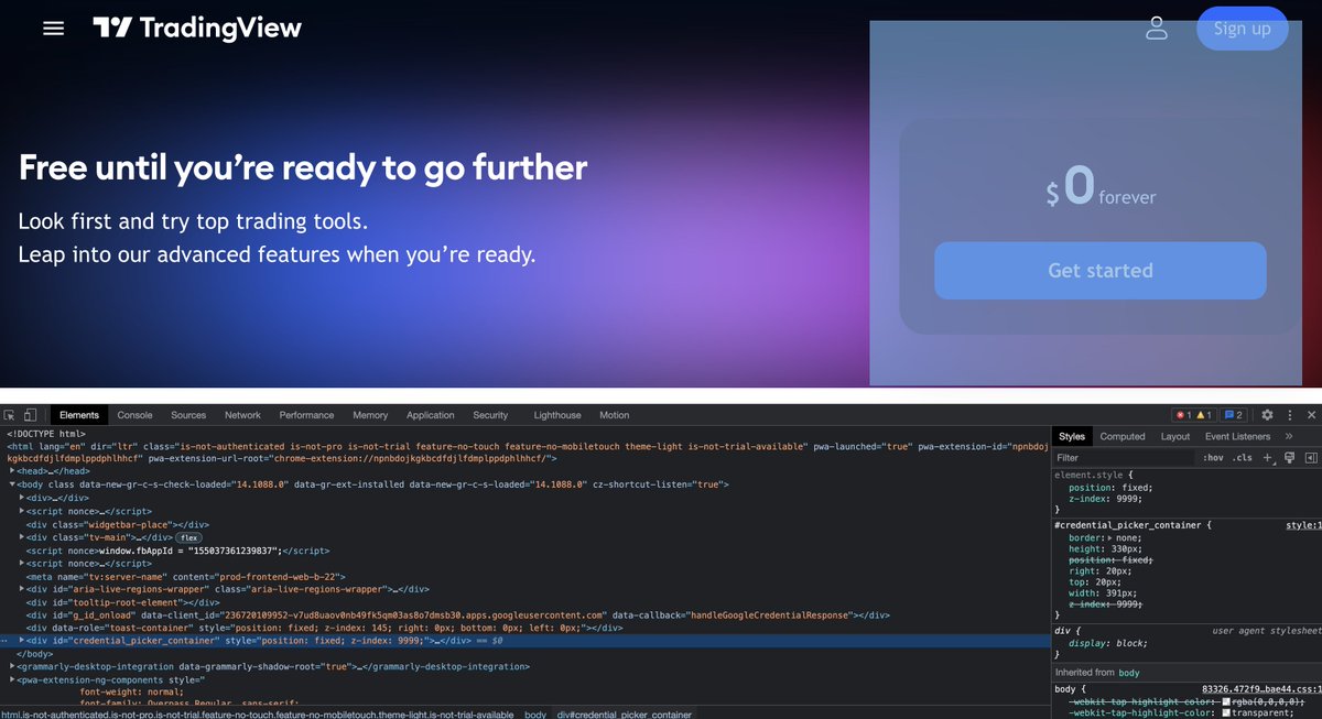 samdoesthings's tweet photo. Hey, @tradingview, your landing page has an invisible div with pointer events, meaning I can't get to the account menu. Also said account menu is not very accessible friendly. https://t.co/VCAHLki5Sr