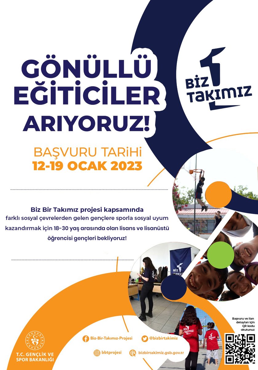 GÖNÜLLÜ EĞİTİCİLER ARIYORUZ!
"Biz Bir Takımız Projesi Bir Birlik ve Kardeşlik Öyküsüdür"
Biz Bir Takımız projesi ile farklı sosyokültürel arka plana sahip gençlerin spor yoluyla bir araya getirilerek, toplumda farklı kültürler arasında karşılıklı saygı ve güven ortamının