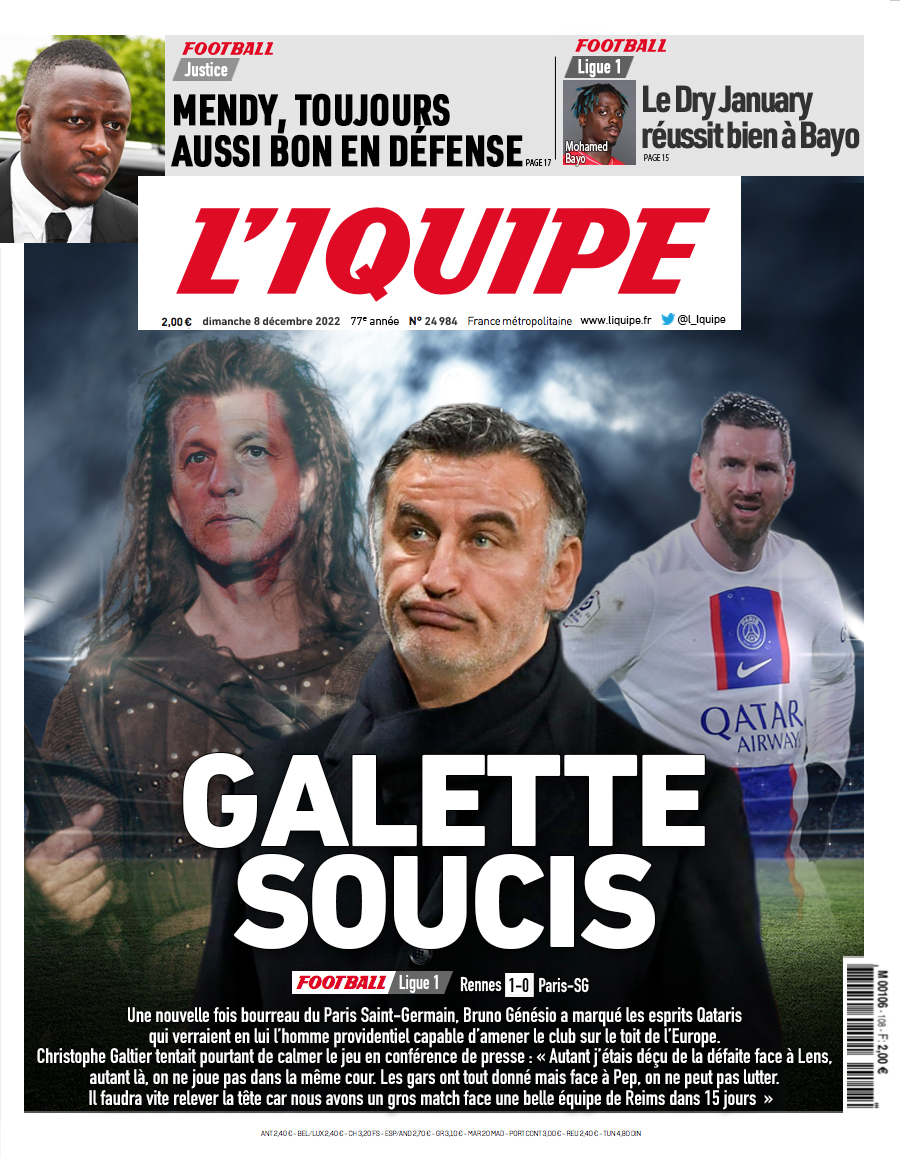 L_iquipe's tweet photo. Voici la une du journal L'Iquipe du lundi 16 janvier :
- #SRFCPSG : Et à la fin c'est Pep qui gagne
- #Justice : Mendy jugé non-coupable de 6 viols
- #LOSCESTAC : Bayo en toute sobriété
#TeamPSG #TeamGalettesSaucisse #Genesio #Galtier #PSG #SRFC #Mendy #Bayo #LOSC #Ligue1 https://t.co/b2c0ctV3Uz