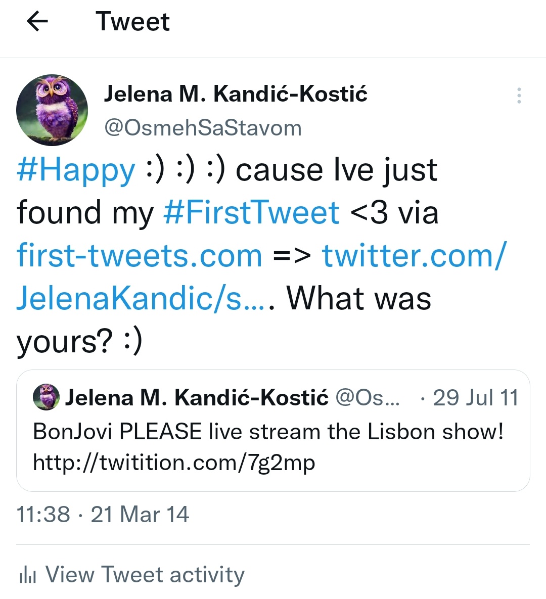 JelenaMKandic's tweet photo. Moj #PrviTvit #FirstTweet ikada:
Napisan u 13:42 davnog nekog 29.07.2011.godine.
Fanovi benda #BonJovi❤️🗡💙 širom sveta tražili su da bude obezbeđen #PrenosUživo #LiveStream poslednjeg koncerta #TheCircleTour koji se tog dana održavao u #Lisbon #Portugal🇵🇹.
#BonJoviReunion https://t.co/FdEH0tCLuq