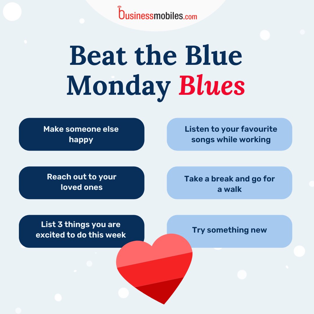 bmobilescom's tweet photo. Don’t let ´Blue Monday’ get you down, create your own happiness with our top advices to stay positive and happy today (and every other day!) 💙🙏

#bluemonday #mondaymotivation #mondaymood #monday #businessmobiles #mobile #business https://t.co/SwdaAk6uTA