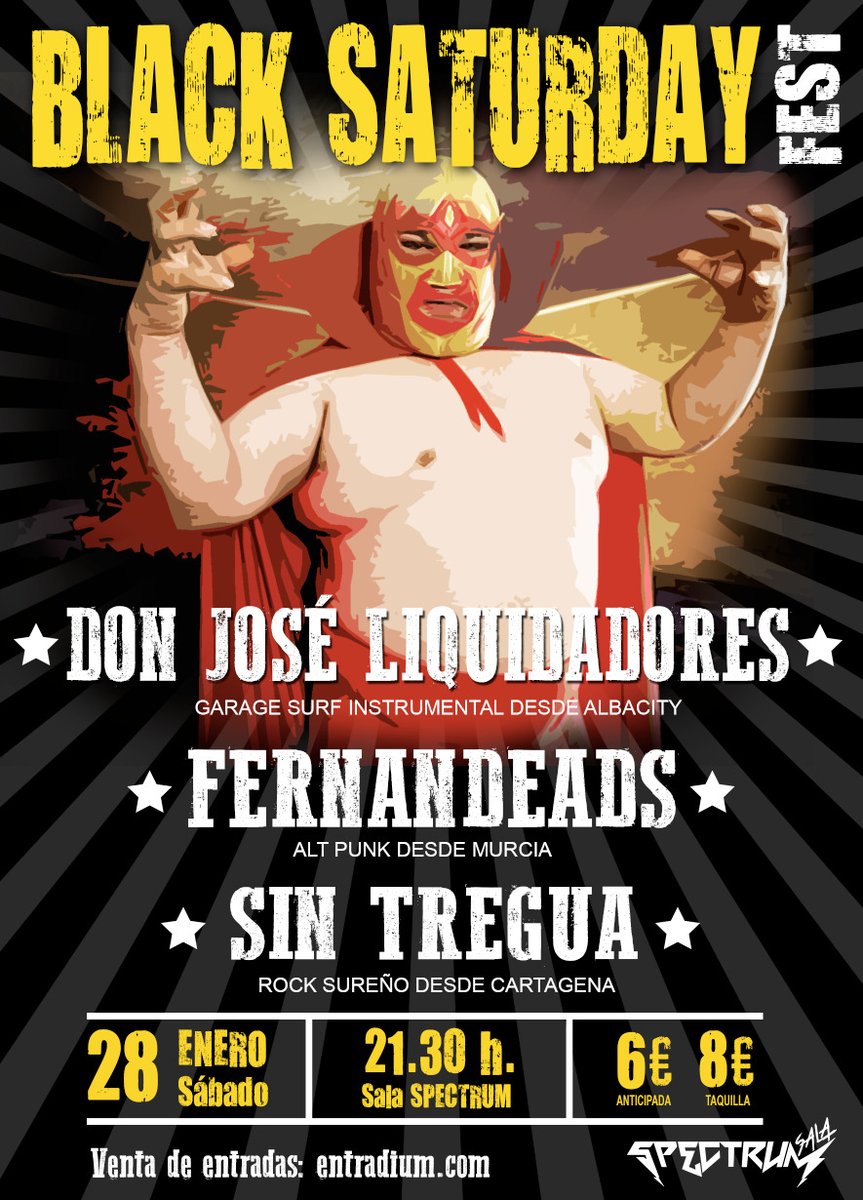 enmerocomunica's tweet photo. #blacksaturdayfest El próximo 28 de enero, a las 21.30, h. triple concierto en la #salaspectrum de Murcia: @Sin_tregua, Don José Liquidadores y Fernandeads. No os lo perdáis!!
Link para adquirir entradas...
https://t.co/paPCBvQDH7 https://t.co/qwCs2ABhtG