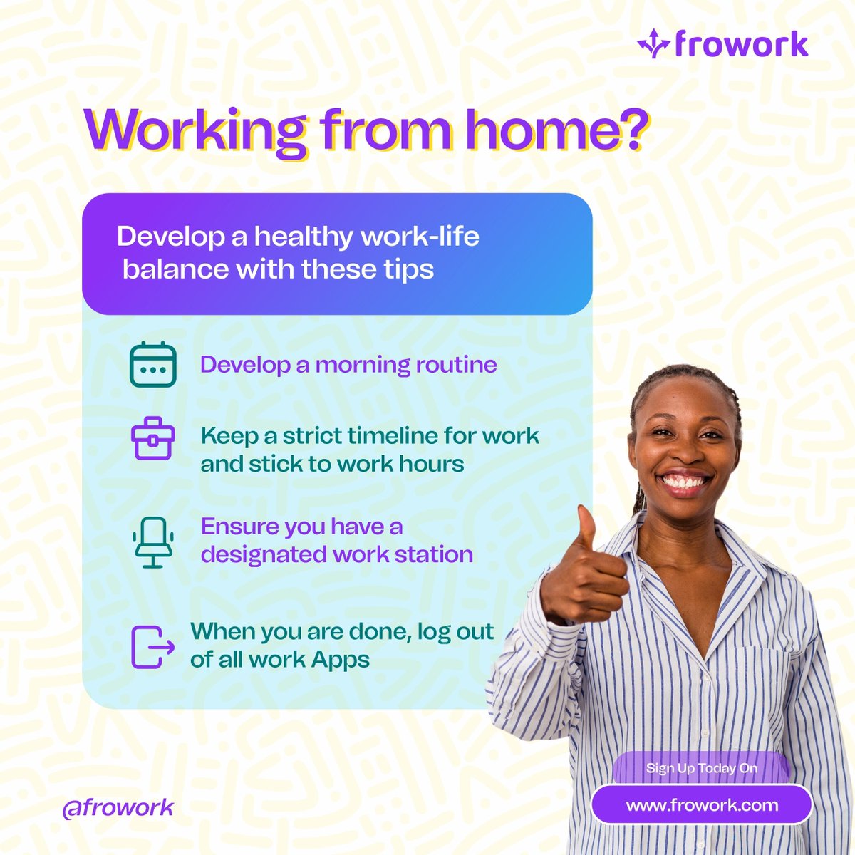 FroWork's tweet photo. Establish boundaries between your personal& professional life. Here are tips to assist you with time management &prevent burnout.
#thread #frowork https://t.co/AUIRYeUAF4