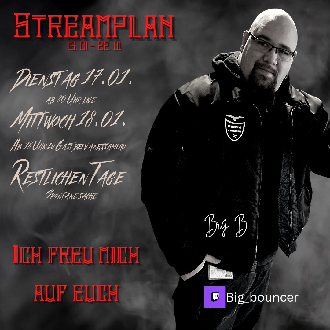 Erster Streamplan des Jahres. Auf das wir gemeinsam wachsen und durchstarten können! 

#streamer #twitchaffiliate #twitchgermany #twitchde #nichtohnemeinteam #nevergiveup #niemalsaufgeben #bouncerarmy #freekevin #streamplan #supportistkeinmord #SupportSmallStreamers #staytrue