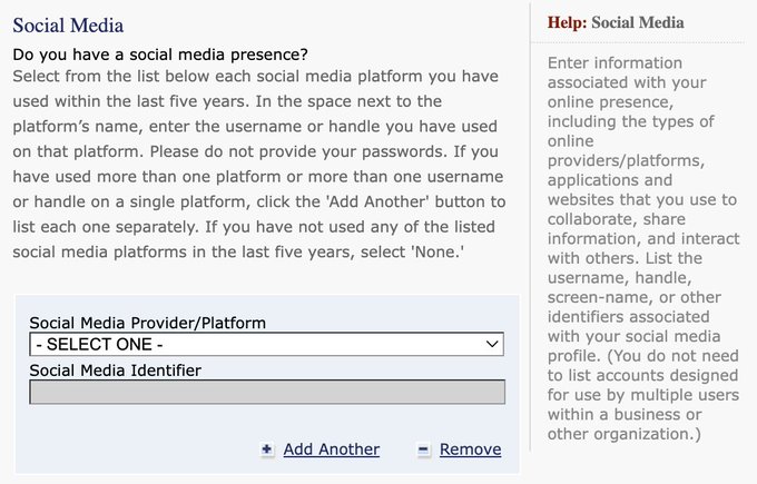 Me parece heavy que para aplicar a un visado en EEUU te pidan los datos de tus redes sociales. Digno