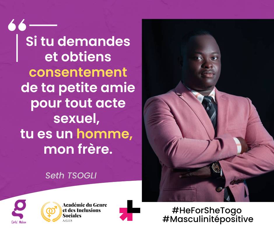 AdzessiMartin's tweet photo. Campagne digitale de promotion de la masculinité positive 

'' Si tu demandes et obtiens consentement de ta petite amie pour tout acte sexuel, tu es un homme, mon frère. '' Seth Mawussi TSOGLI

#HeForSheTogo
#MasculinitéPositive
#CelluleAtsuEklu
#MouvementGirlsMotion https://t.co/UQh8nmfSFo