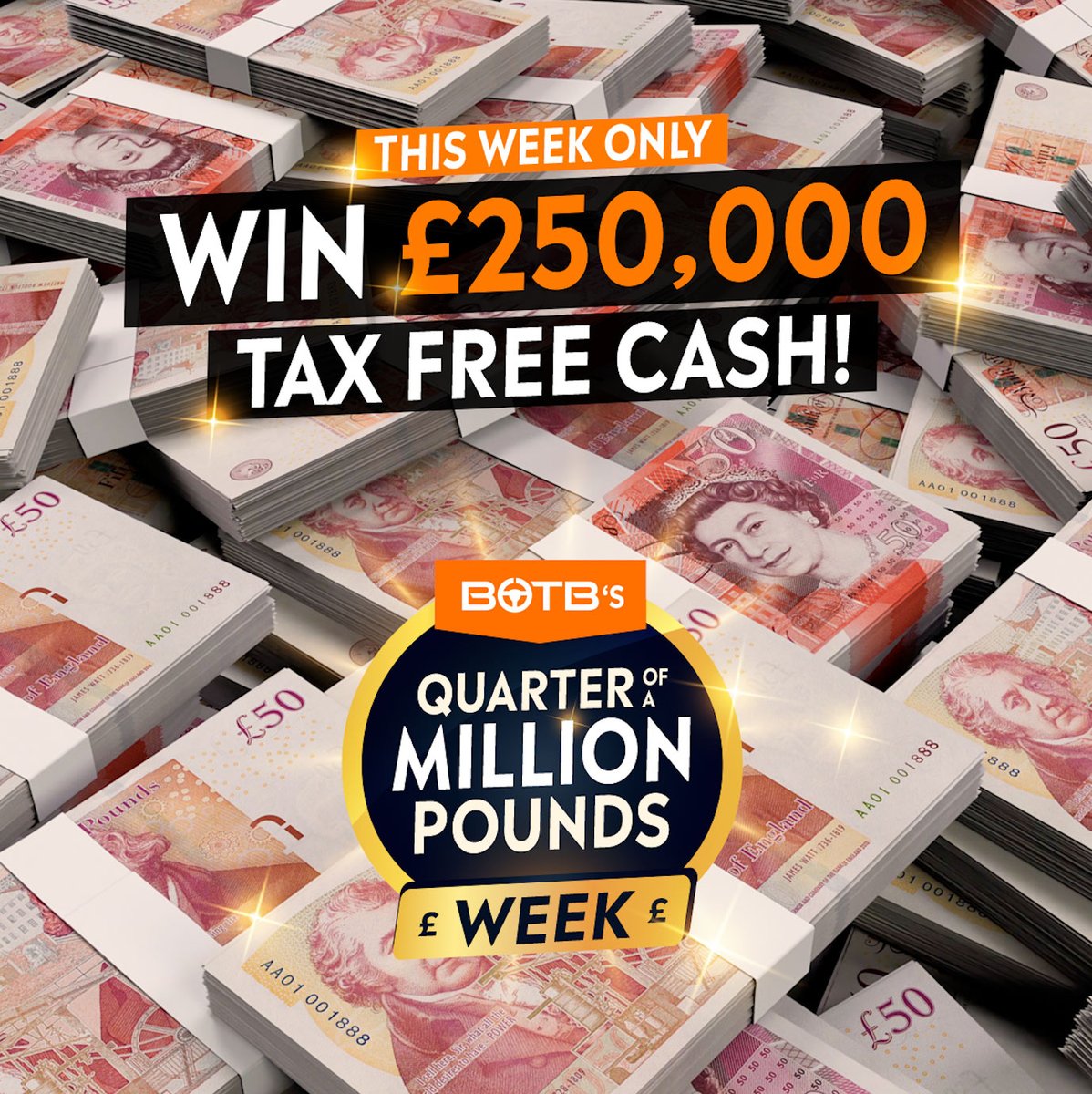 BOTB_Dreamcars's tweet photo. WIN £250,000 TAX-FREE CASH! 😱

BOTB's Quarter Of A Million pounds week is still going strong and you have 4 days left to enter... what are you waiting for? We could be changing your life next week! 👉 https://t.co/4soQNJnGkD

#BOTB #CASHCOMPETITION #taxfreecash https://t.co/ctZGoZyj16