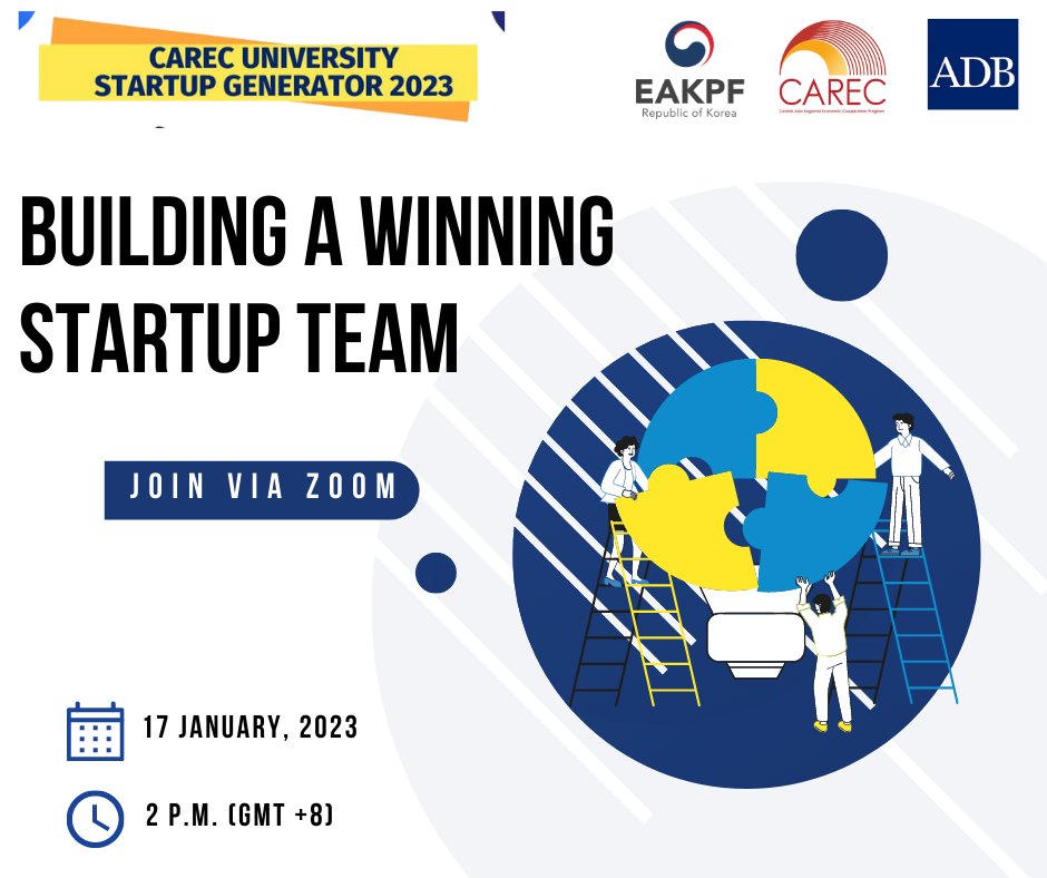 🚀Building a strong startup team is an ever-evolving challenge. CAREC University Startup Generator 2023 is inviting students to join its upcoming workshop on building a winning startup team. 

👩🏻‍💻Register via Zoom: adb-org.zoom.us/j/99846259221?…
Passcode: meeting17