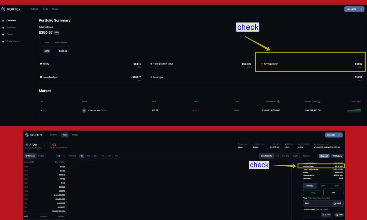 oooksigenn's tweet image. 4/5 Then check your buying power on #Vortex 
 
✅ If your buying power have negative balance, you need to top up your deposit by additional #UST2 

Ask in #Discord  #testnet-support channel to send on your wallet UST2. 
💯 they will help you with this 😉