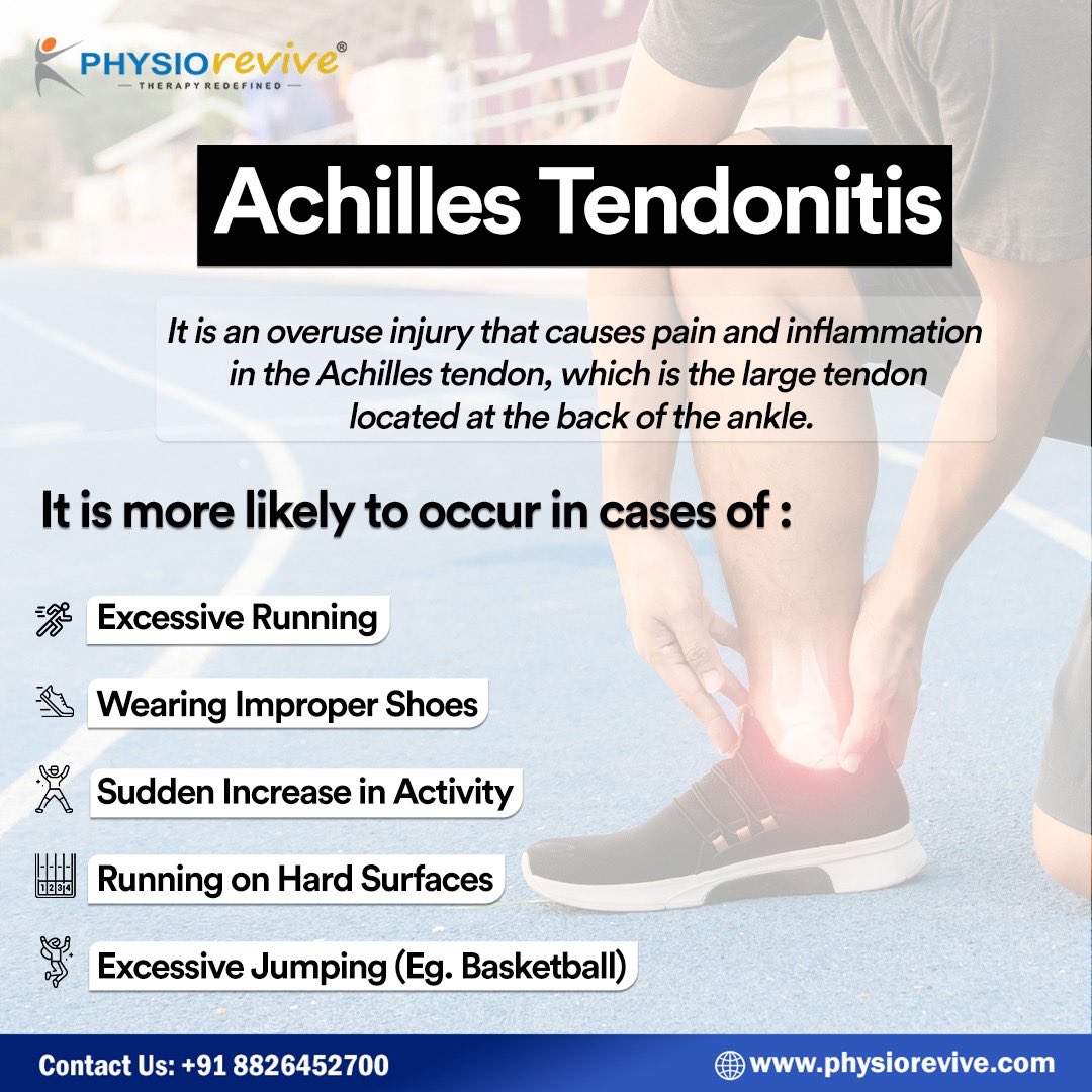 A painful overuse injury that affects the Achilles tendon, often caused by increased activity, running on hard surfaces, excessive running or jumping, and wearing improper shoes. 
.
.
.
#physiorevive #physiotherapy #AchillesTendonitis #overuseinjury #pain #inflammation #tendon