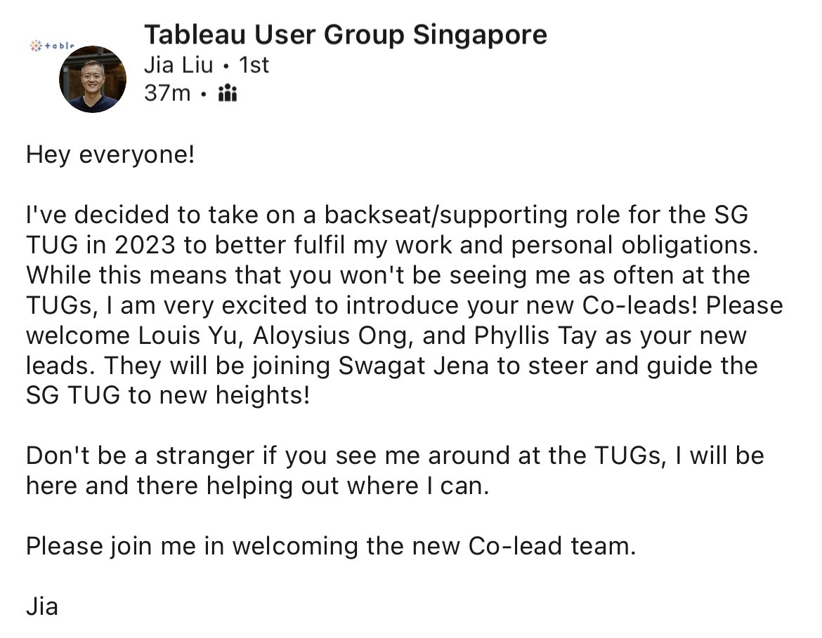 Heya #datafam, I have some exciting news to share! I’m be jumping in to help grow the #tableau SG TUG community together with @SwaggyKJ <a href="/_DataLoy/">DataLoy</a> <a href="/jiajliu/">Jia Liu</a> and Phyllis Tay. We are currently planning the 2023 schedule so stay tuned if you’re in Asia! 🍾