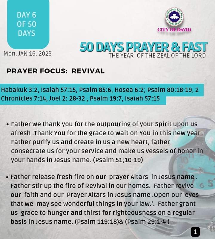RCCGCityofDavid's tweet photo. DAY 6 Prayer Points for #50DaysFast - Monday, January 16, 2023
Also see details of our daily prayer schedule during the Fast.
#RCCGFast
#RCCGFast2023
#CODDailyPrayerPoints https://t.co/vOlGd1xrr2