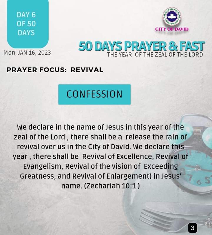 RCCGCityofDavid's tweet photo. DAY 6 Prayer Points for #50DaysFast - Monday, January 16, 2023
Also see details of our daily prayer schedule during the Fast.
#RCCGFast
#RCCGFast2023
#CODDailyPrayerPoints https://t.co/vOlGd1xrr2